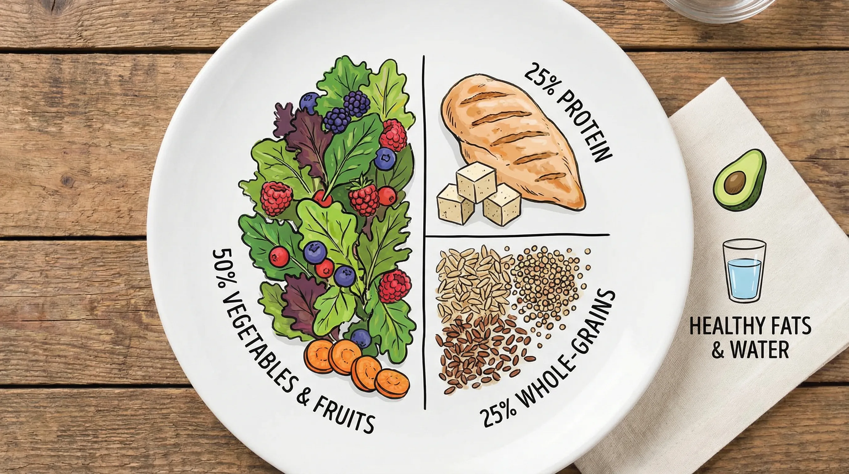 A simple "balanced plate" illustration showing half vegetables and fruit, one quarter protein, and one quarter whole-grain or starchy carbs, with small icons for healthy fats and water on the side.